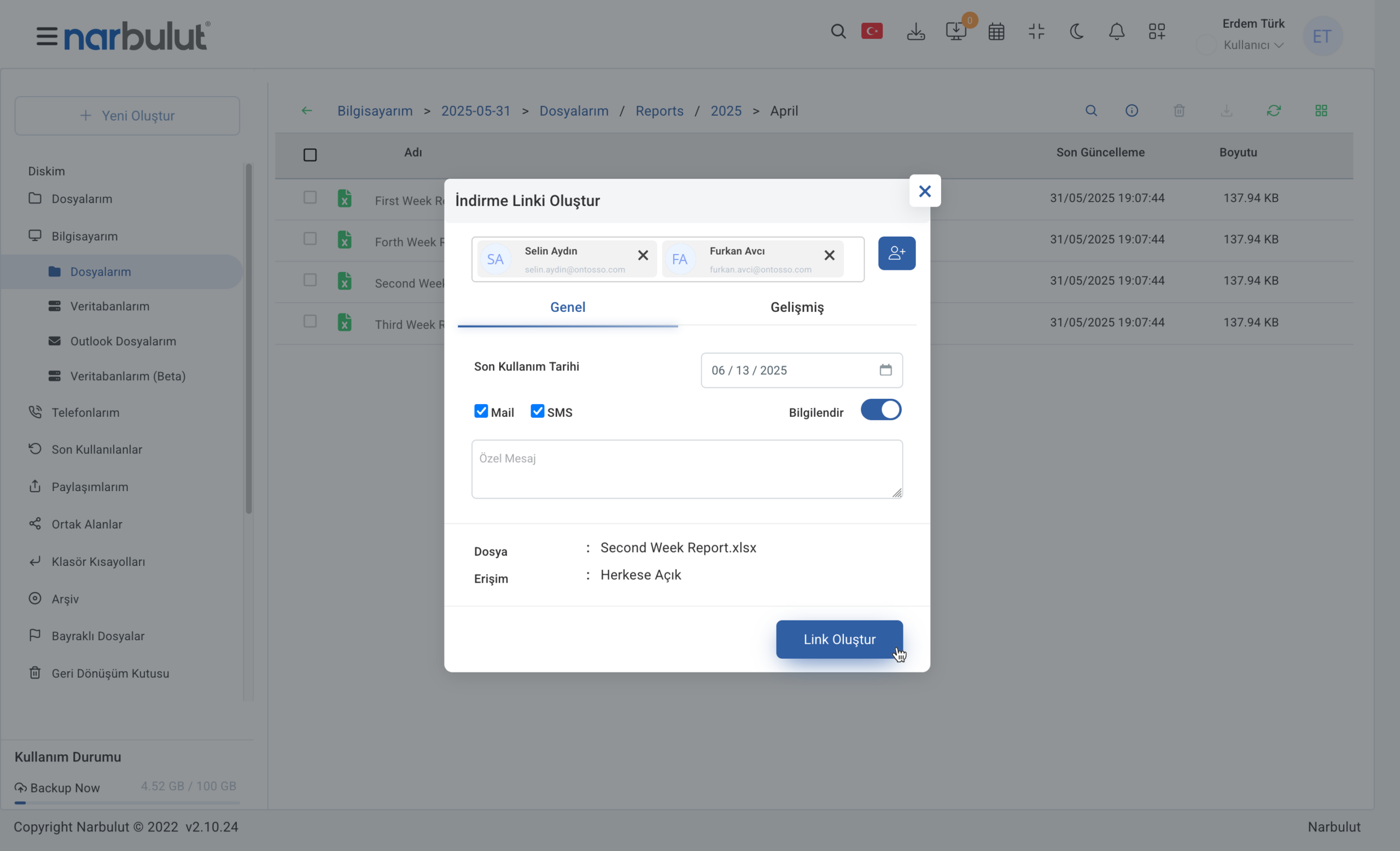 Narbulut Backup Now dosya paylaşımı paneli