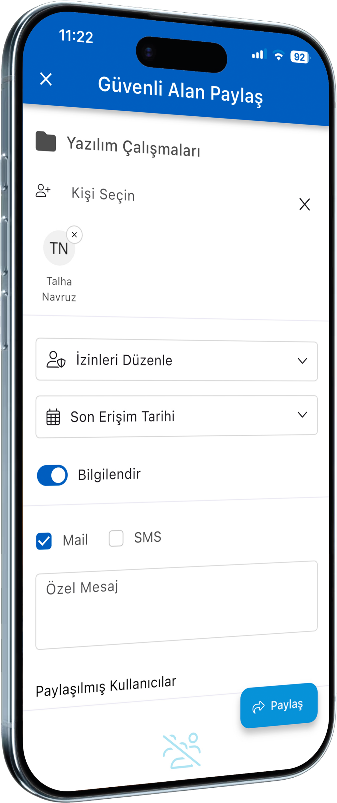 Narbulut mobil uygulama güvenli alan paylaşımı
